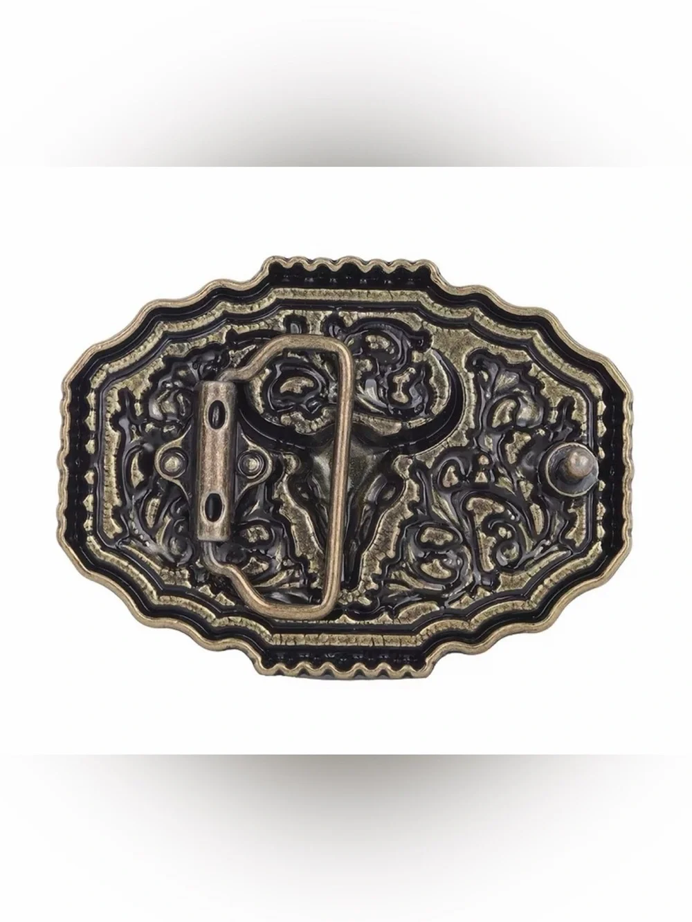 Western Bull Skull Engraved Metal Belt Buckle in Antique Gold and Black